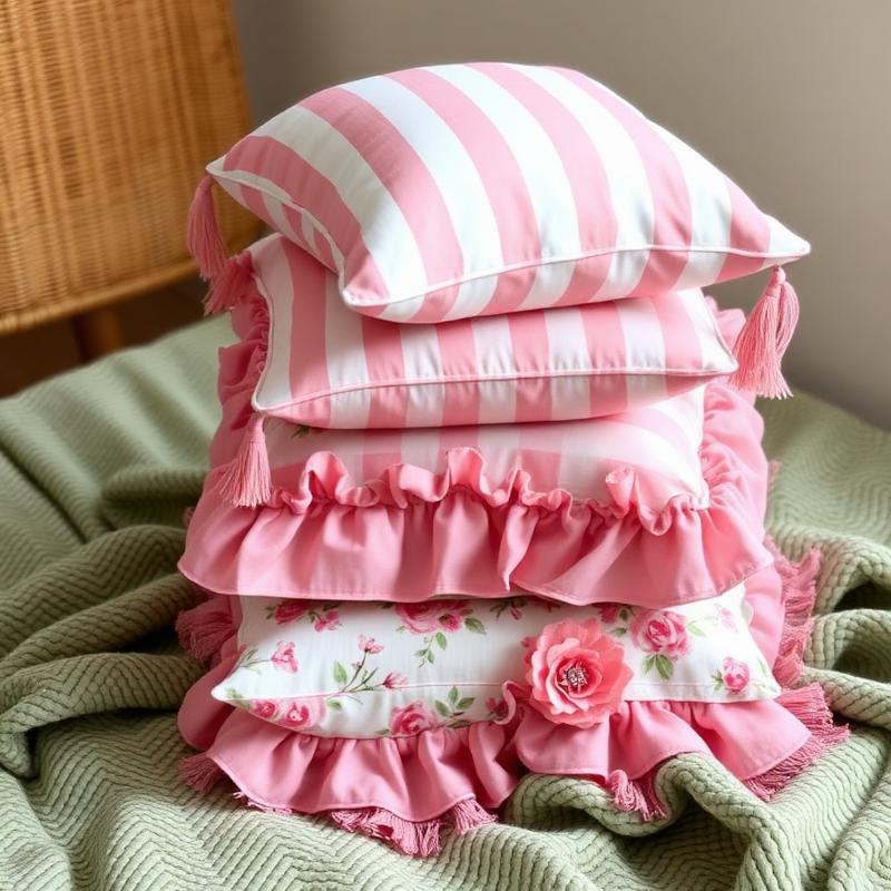 Pile of pink and butter-yellow snoosig cushions on a rug