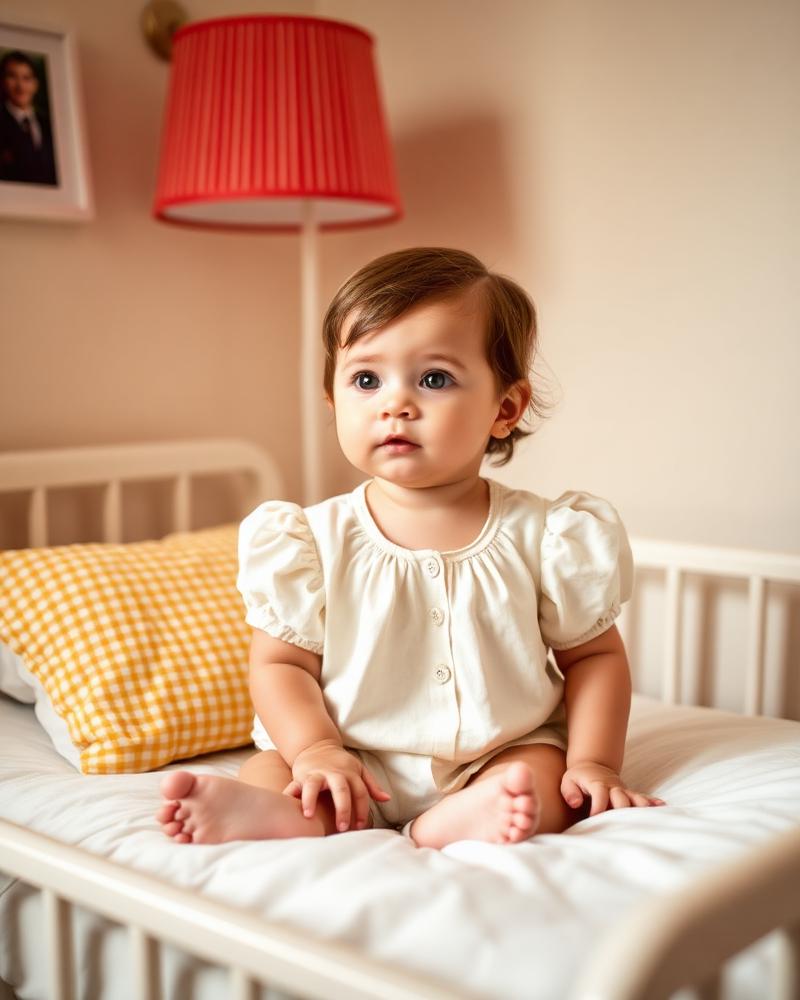 Child's bed dressed in pink stripe sheets with a heart cushion